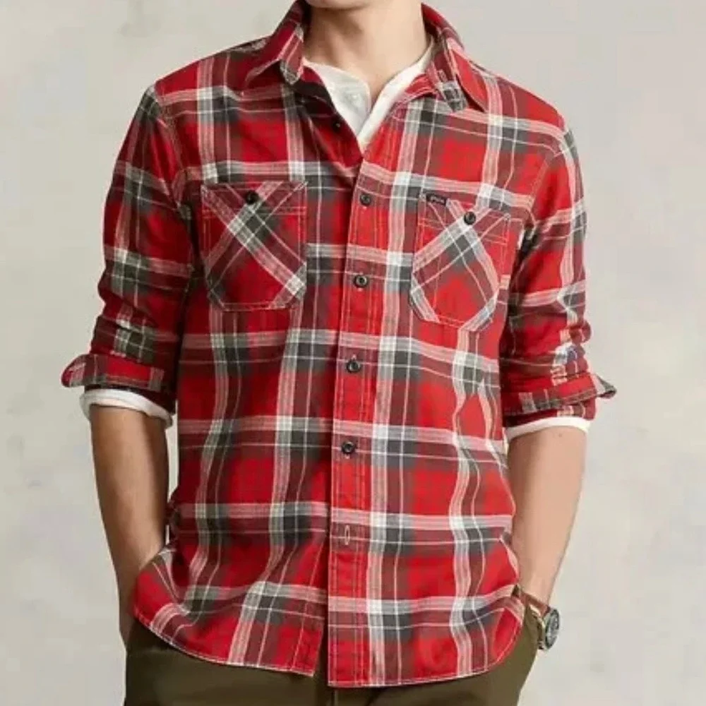 Polo Ralph Lauren Classic Fit Red Plaid Cotton Utility Shirt Pockets Cabin Sz XL